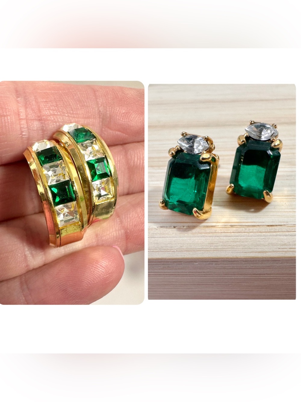 💚Faux Emerald Gold Tone Earrings - 2 Pairs